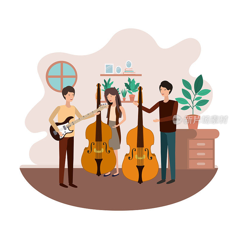 group of people with musical instruments in living room